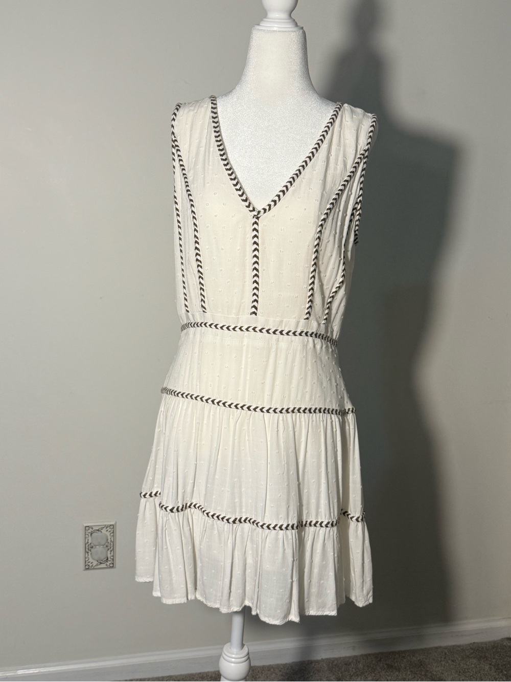 BiBi Cream Sleeveless V-Neck Tiered Mini Dress with Black Trim
